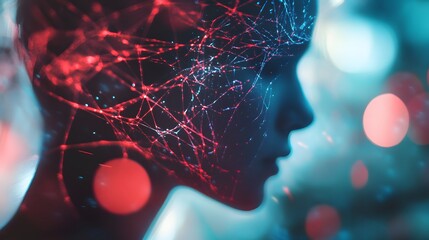 A silhouette of a woman's face with abstract, glowing red and blue lines and particles inside her head on a bokeh background.