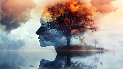 Fototapete Reflection A silhouette of a woman's face with a tree growing from her head, reflected in a body of water. The background is a cloudy sunset.  © Crafted