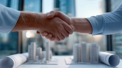 Business handshake over architectural plans with cityscape background - Powered by Adobe