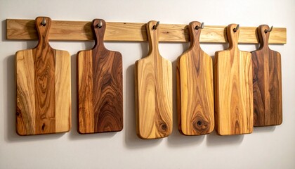 Wooden Cutting Boards Displayed on a Wall for Kitchen Decor.