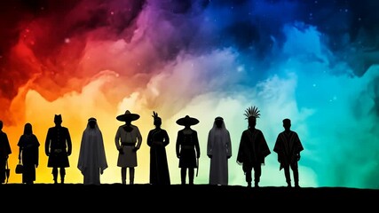 Silhouetted figures against colorful cloudscape, diverse cultural attire in the foreground