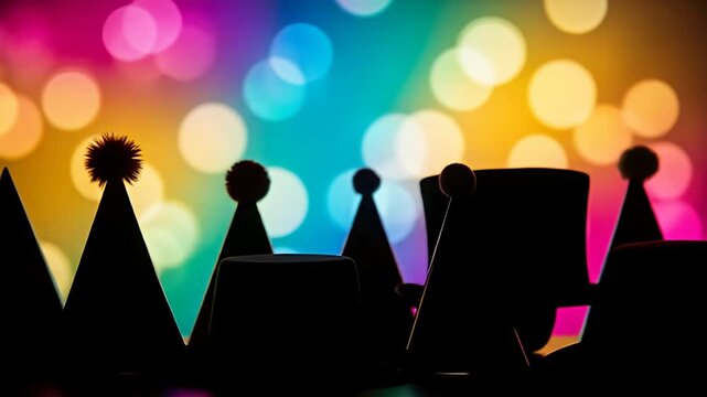 Silhouetted party hats stand against a colorful, out-of-focus bokeh background