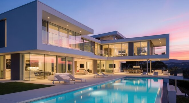 Stunning modern luxury villa with a swimming pool at twilight, featuring large glass windows and contemporary architecture