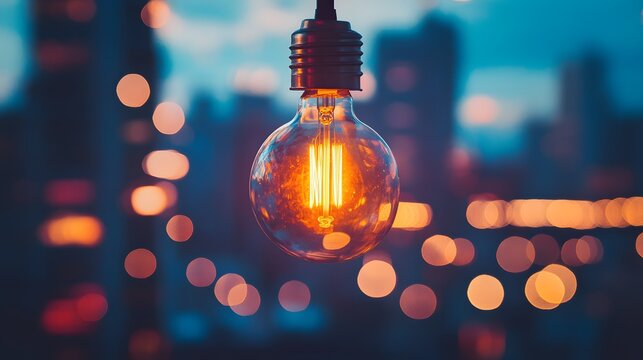 A single glowing lightbulb hangs in front of a city skyline at dusk.