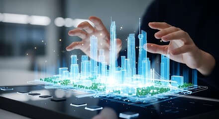 Hands interacting with a futuristic holographic 3d city model technology innovation and digital transformation
