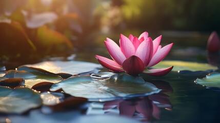 A single pink water lily blooms in a pond, sunlight reflecting off the water.