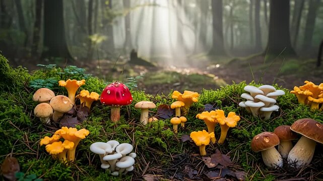 Variety of mushrooms atop mossy ground in a sunlit forest