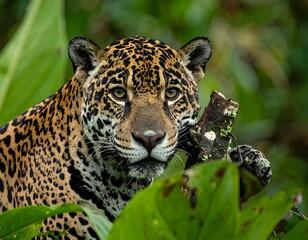 Obraz premium A close-up portrait of a majestic spotted feline in its natural habitat, partially obscured by green leaves and branches. Focus on its piercing gaze
