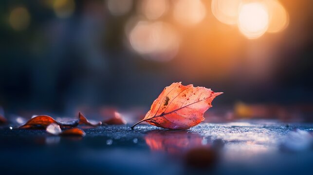 A single red leaf lays on a wet surface with a blurred background of other leaves and a bright orange glow in the distance. - Powered by Adobe