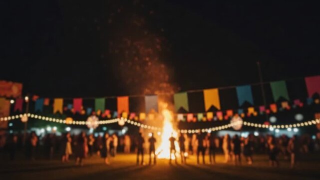 Cena de festa junina &agrave; noite com grande fogueira, bandeirinhas e silhuetas de pessoas.