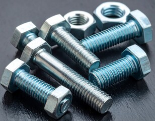 Close-up of metallic bolts and nuts, arranged on a dark surface