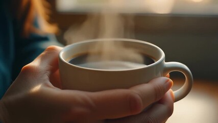 Cozy Coffee Moment: A close-up shot captures hands gently cradling a warm cup of steaming coffee, its inviting aroma swirling upwards, promising a moment of comfort and relaxation.