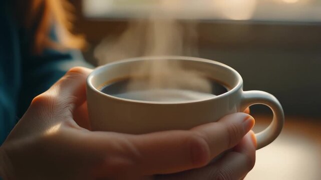 Cozy Coffee Moment: A close-up shot captures hands gently cradling a warm cup of steaming coffee, its inviting aroma swirling upwards, promising a moment of comfort and relaxation.
