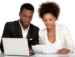Two business colleagues review documents and work on a laptop in a bright and professional environment.