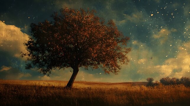 A single tree stands tall in a field, its branches reaching towards a sky filled with stars and clouds.