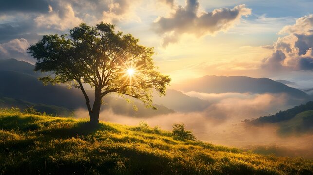 A single tree stands tall on a grassy hillside, silhouetted against a dramatic sunset and a sea of clouds. The sun shines brightly through the tree's branches, casting a golden glow on the landscape.