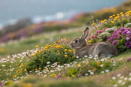 Cute rabbit sitting in a green grassy meadow