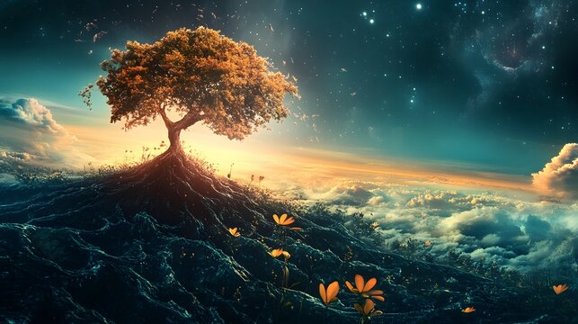 A single tree stands tall on a hilltop above the clouds, bathed in the warm glow of a setting sun, with stars twinkling in the night sky. - Powered by Adobe