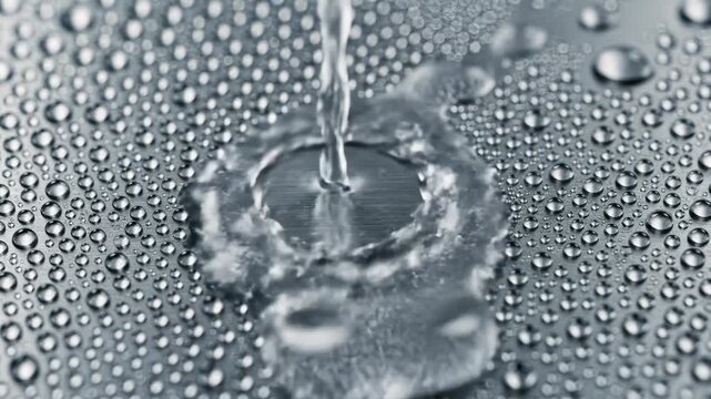 Water Stream Dripping Onto Water Droplets Covered Surface, Macro