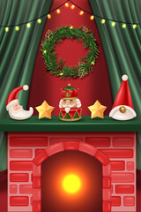 Cozy Christmas living room with nutcracker, decorated tree, fireplace, and glowing festive atmosphere illustration. Christmas Scene.