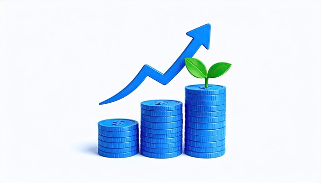 Growth graph with coins & seedling. Conceptual & optimistic