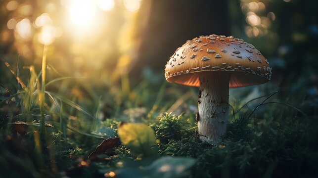 A single, red-capped mushroom with white spots grows in a bed of green moss and leaves, bathed in the golden glow of the setting sun.