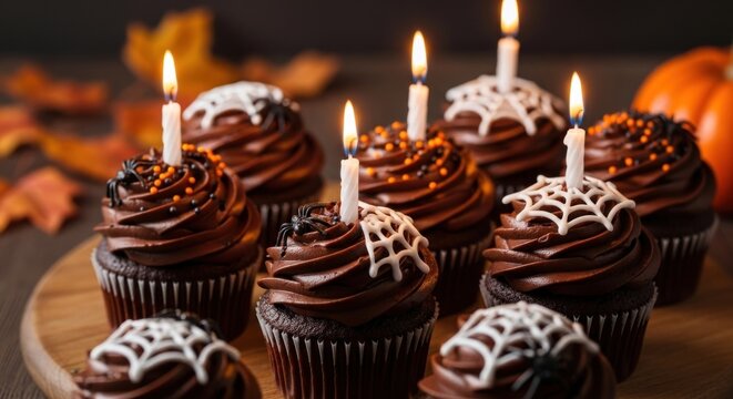 Halloween cupcakes with candles and spider decorations.