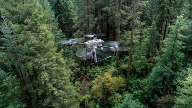 Medium shot of an aerial drone maneuvering between trees gathering multispectral data to assess soil quality and crop stress in a dense grove setting