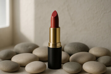Red Lipstick Mockup in Gold and Black Tube on Stones