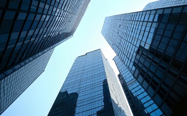 Looking up at high rise office building architecture in the financial district of a modern metropolis, business and finance concept. High quality