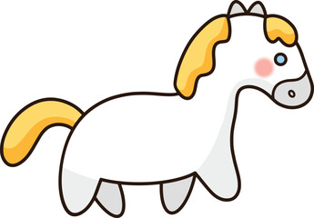 A white pony with blue eyes and a yellow mane.