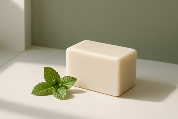 Natural Mint Soap Bar Mockup with Fresh Leaf