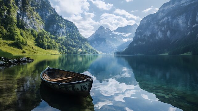 A small wooden rowboat sits on a tranquil mountain lake, surrounded by stunning scenery.
