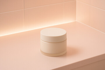 Beige Cosmetic Jar Mockup in Pink Tiled Bathroom