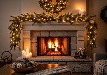 Cozy christmas fireplace with a roaring fire, adorned with festive garlands, lights, candles, and a bowl of ornaments, creating a warm holiday ambiance