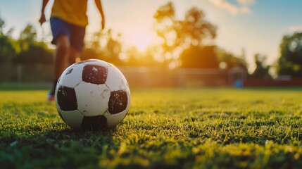 A soccer ball sits on a green field with a player in the background as the sun sets.
