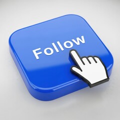 Obraz premium Clicking the blue follow button with a cursor hand icon