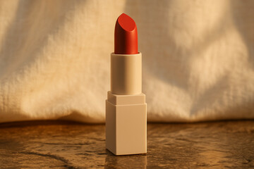 Red Lipstick Mockup in Square Beige Tube with Fabric Background