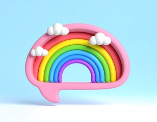 Fototapeta premium A Pink Speech Bubble Shape Containing a Colorful Rainbow and Fluffy Clouds in a 3D Render