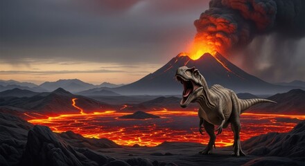 A Tyrannosaurus Rex dinosaur stands in front of a volcano, with lava flowing around it.
