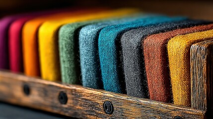 Colorful fabric swatches arranged in a wooden holder showing a spectrum of colors.