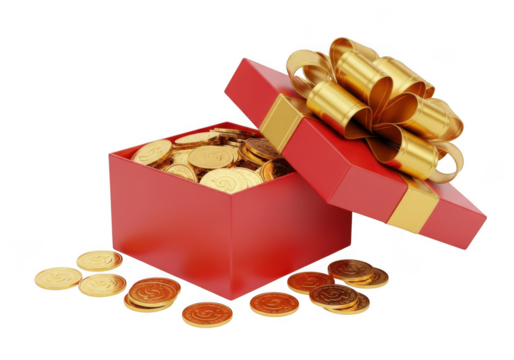Open red gift box filled with golden chocolate coins, isolated on transparent background