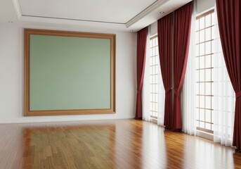 An empty, large square canvas with a light green surface and a wooden frame, mounted on a white wall in a room with wooden floor and red curtains