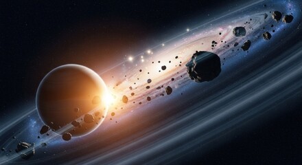 A vast expanse of space with a planet and several asteroids in orbit around it.