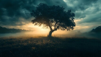Naklejka premium A solitary tree stands tall against a dramatic sky, bathed in the golden light of the setting sun. The fog rolls in, creating a mystical and atmospheric scene.