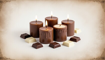 Collection of Lit Chocolate Pillar Candles with Milk and White Chocolate on Textured Border – cozy still life.