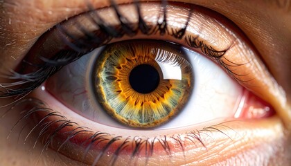 Extreme close up macro shot of a human eye showing iris details and eyelashes under natural light with soft shadows and subtle sparkle