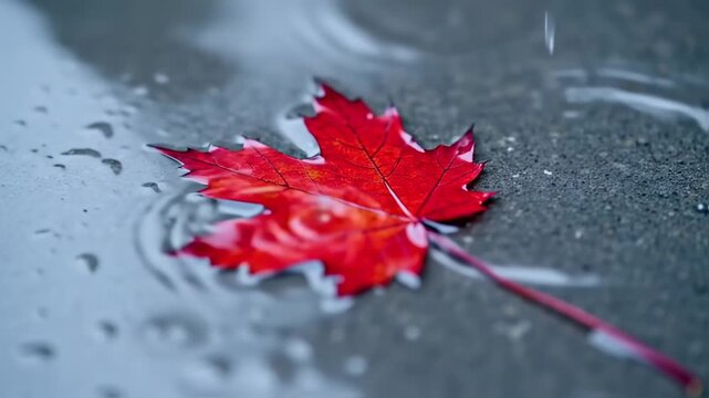 Vibrant red maple leaf resting on a wet surface during a light rainy autumn day