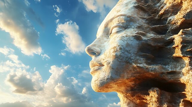 A stone sculpture of a woman's face against a blue sky with white clouds. - Powered by Adobe
