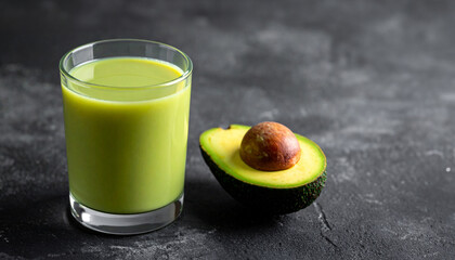 Refreshing and healthy homemade avocado smoothie in a glass next to a fresh avocado half, a vibrant green beverage for a nutritious start